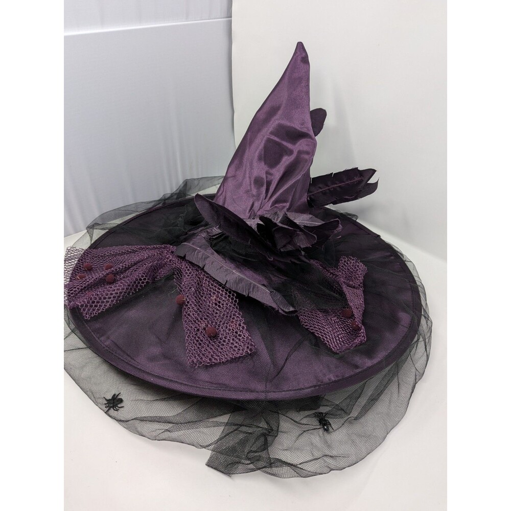 Deluxe Purple Satin Witch Hat Black Spider Veil Feathers Roses Whimsigoth Adult